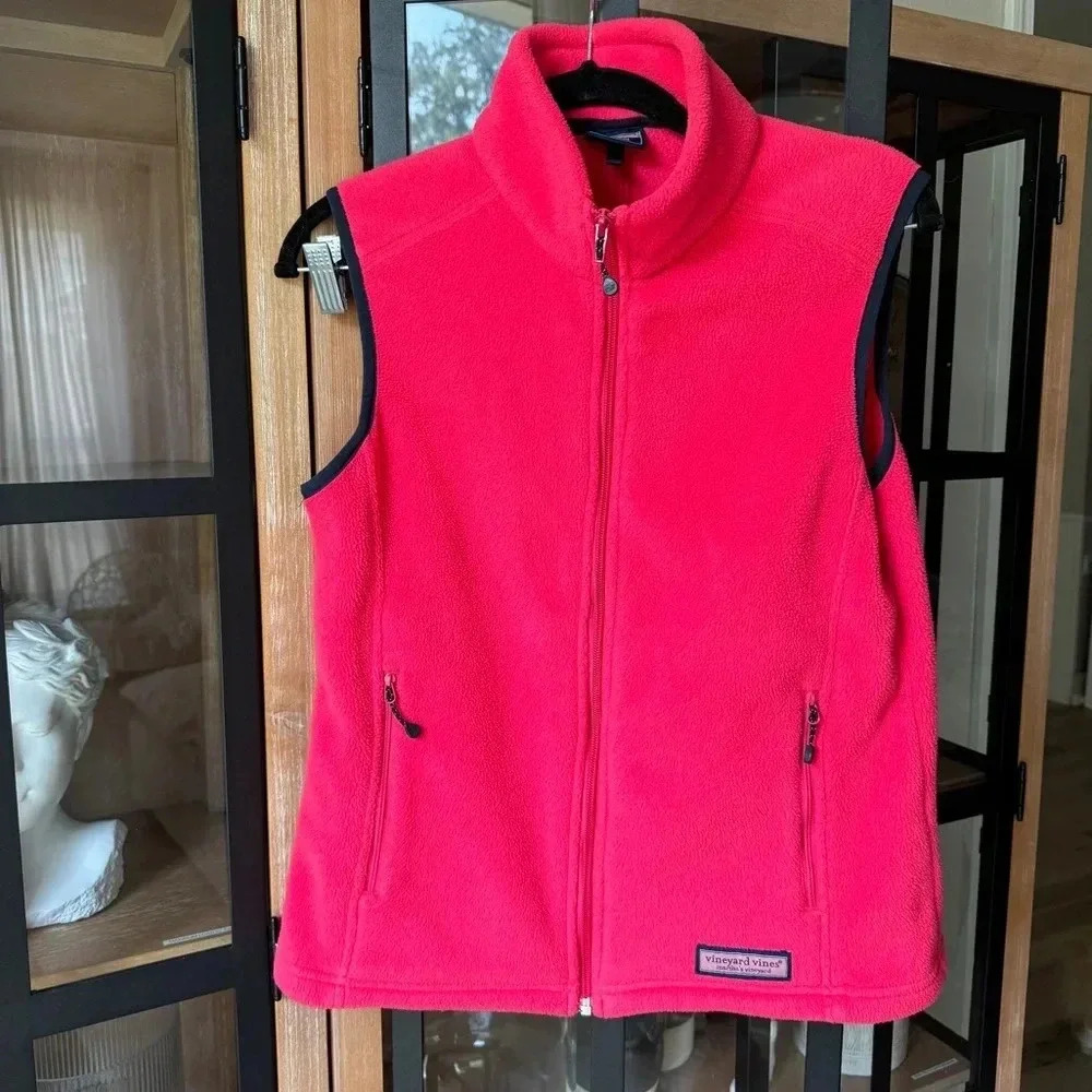 Vineyard Vines fleece vest navy coral red neon zip up pockets size medium